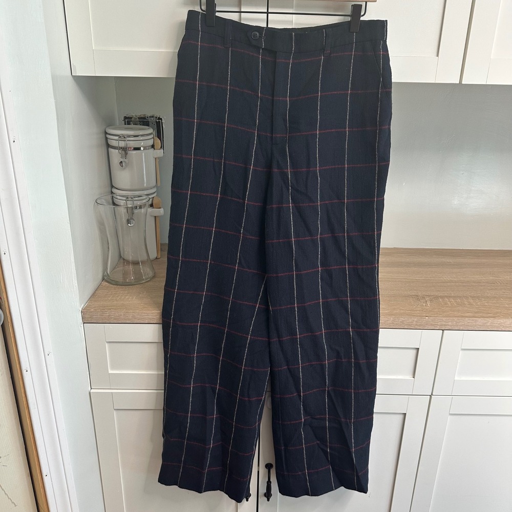 Agnes B Paris Wool Plaid Trousers Womens M Navy Windowpane Straight Leg Pockets